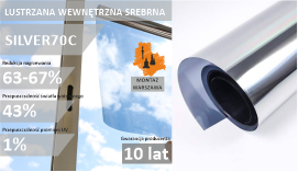 Folia wewnętrzna Lustro Weneckie Srebrne SV70C  - subtelne lustro redukująca ciepło w  68% (ryzyko pęknięcia szyby ograniczone do 99.9%) (SV70C)